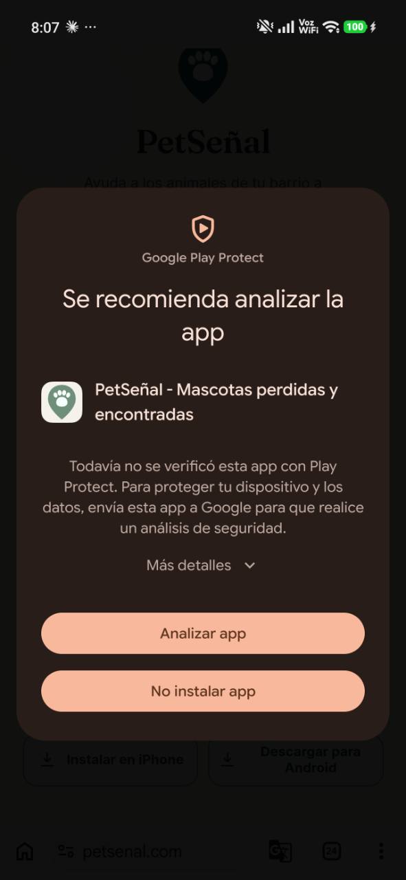 Google Play Protect recomienda analizar PetSeñal antes de instalarla